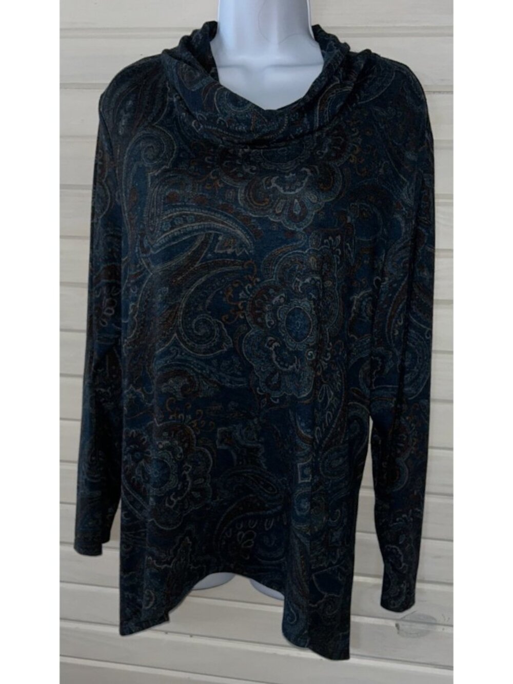 Chicos Sz 2 (LARGE) Paisley Status Cowl Neck Rayon Stretch L/S Top EUC